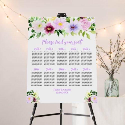 Spring Purple Wedding 10 Tables Seating Chart Foam Board