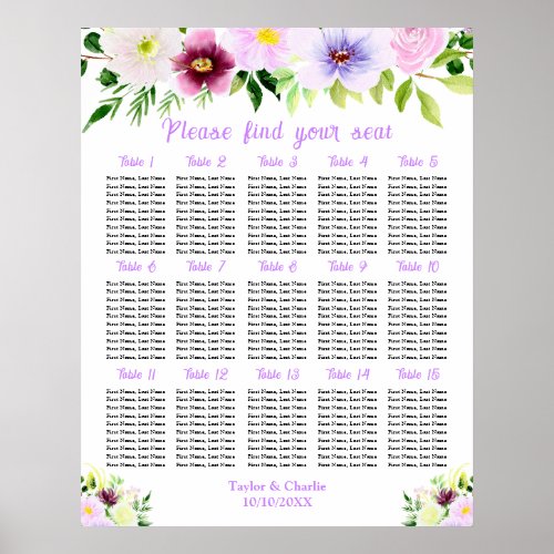 Spring Purple Wedding 15 Tables Seating Chart