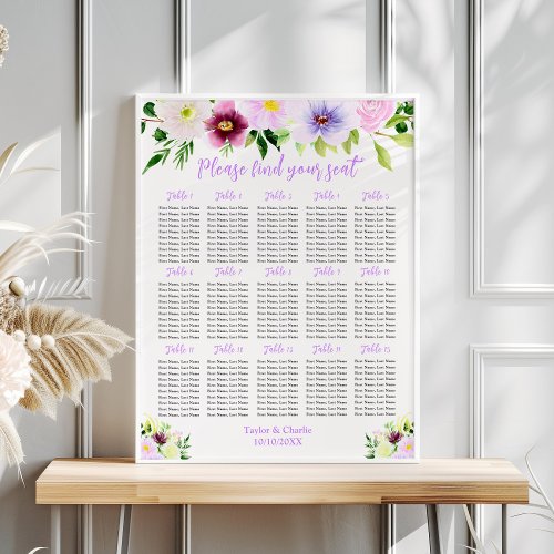 Spring Purple Wedding 15 Tables Seating Chart