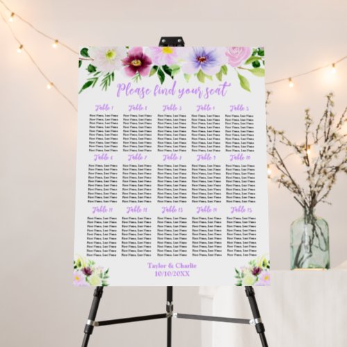 Spring Purple Wedding 15 Tables Seating Chart Foam Board