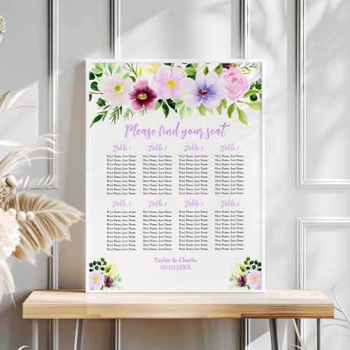 Spring Purple Wedding 8 Tables Seating Chart