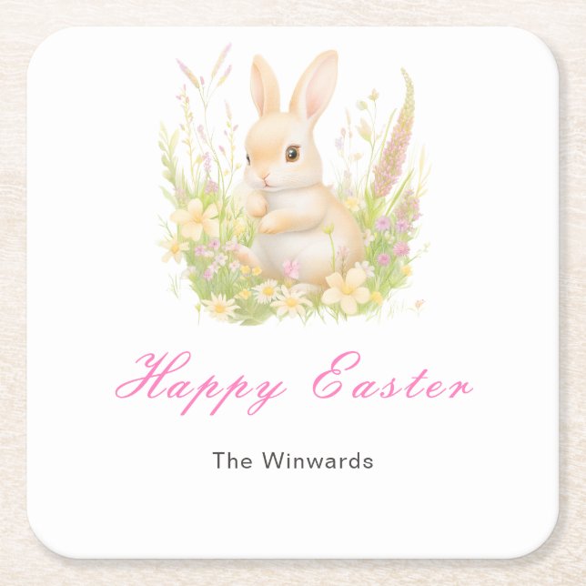 Spring Rabbit Easter Brunch Square Paper Coaster (Front)