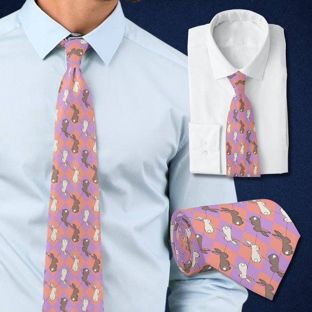 Spring Rabbit Pink and Purple Pastel Argyle  Neck Tie (Easter tie with rabbits is perfect for spring in pastel argyle of pink and purple. )