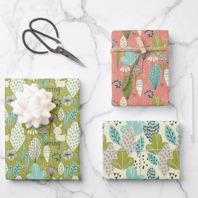 Spring Rabbits Floral Nature Wrapping Paper Sheets (Front)