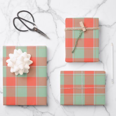 Spring Rain and Persimmon Plaid Green Apricot Wrapping Paper Sheets