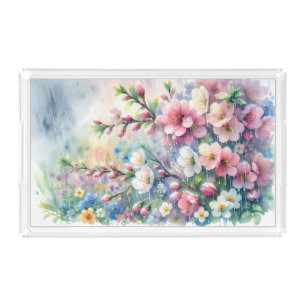 Spring Rain Blossom Watercolor Cottagecore Acrylic Tray