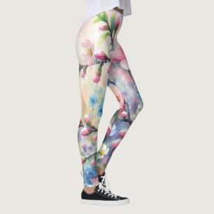 Spring Rain Blossom Watercolor Cottagecore Leggings