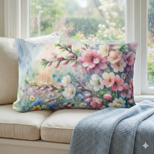 Spring Rain Blossom Watercolor Cottagecore Lumbar Pillow