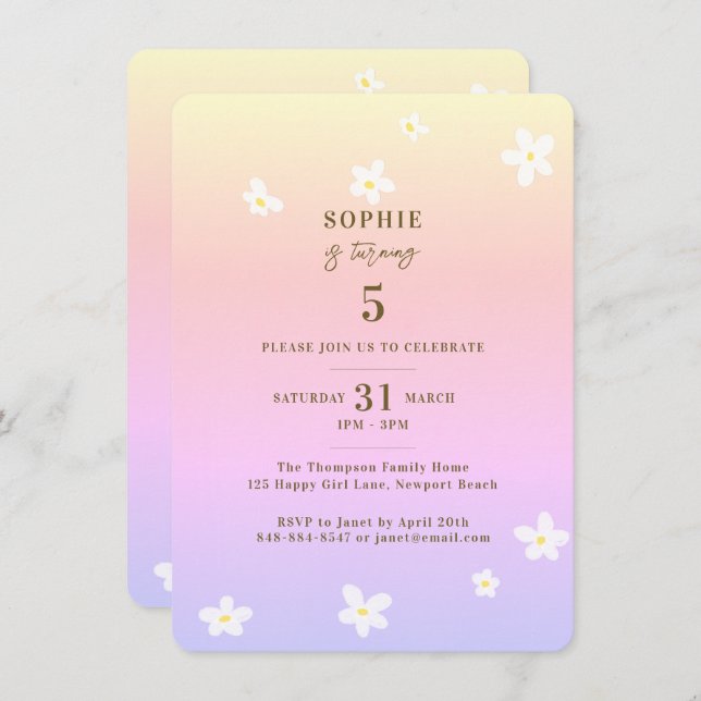 Spring Rainbow White Daisies Girl Birthday Party Invitation (Front/Back)