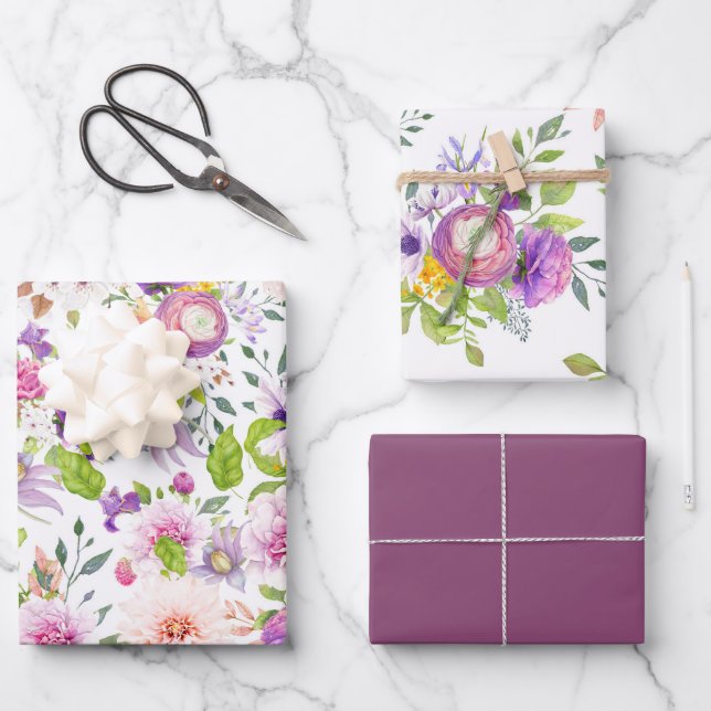 Spring Ranunculus and Rose Collage Wrapping Paper Sheets (Front)
