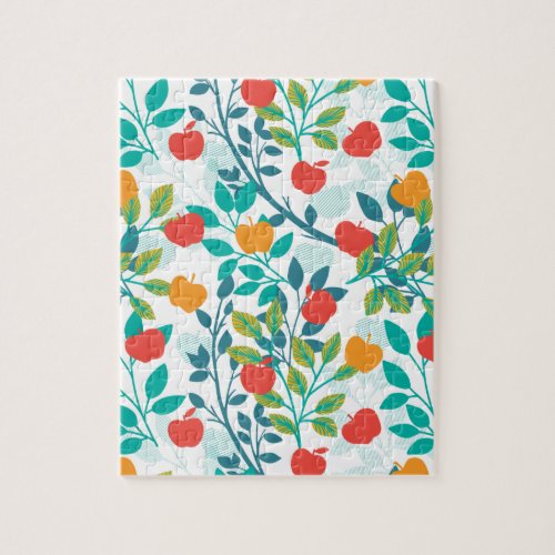 Spring Red and Green Colors Apple Fruit Pattern Jigsaw Puzzle