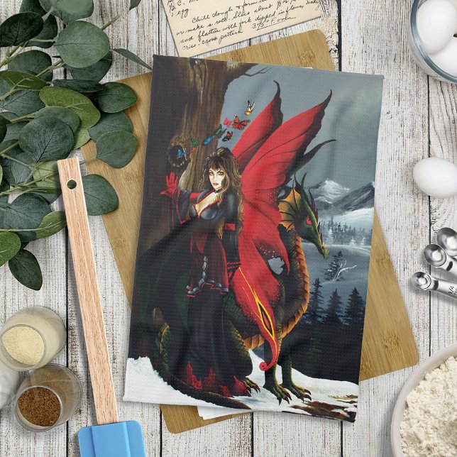 Spring Red Fairy Dragon Mother Nature Fantasy Kitchen Towel (Creator Uploaded)