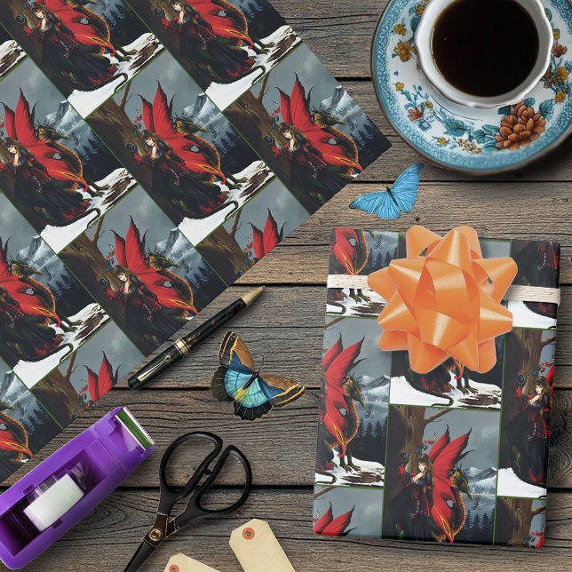 Spring Red Fairy Dragon Mother Nature Fantasy Wrapping Paper (Creator Uploaded)