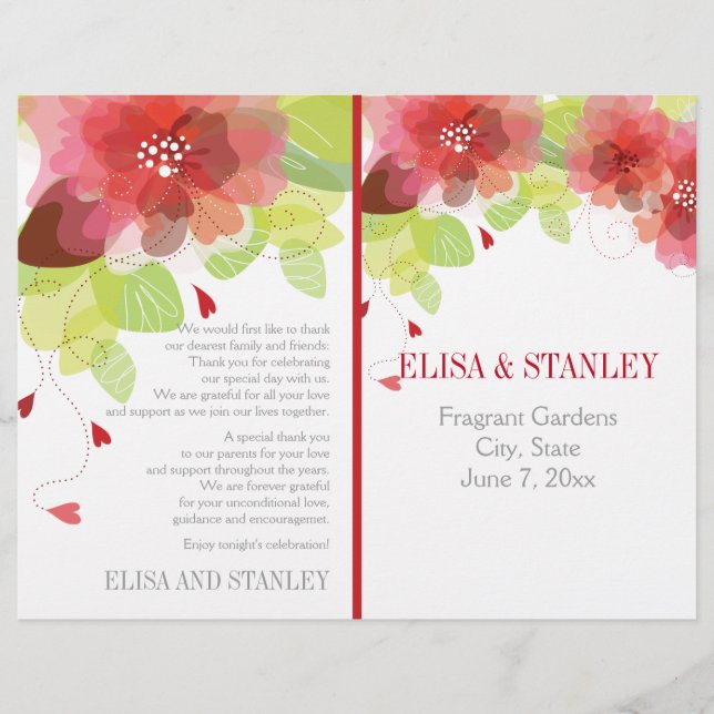 Spring red, pink flowers floral wedding program (Front)