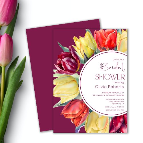 Spring red yellow tulips Watercolor Bridal shower Invitation