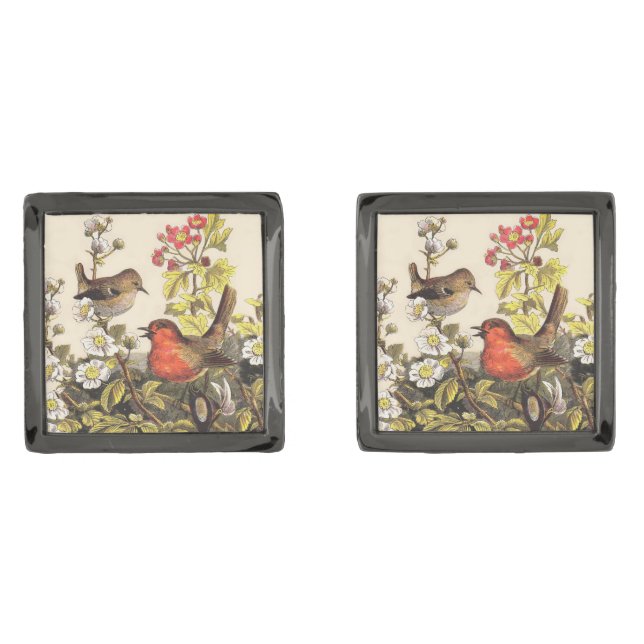 Spring Robin Birds Red Birding Gunmetal Finish Cufflinks (Front)