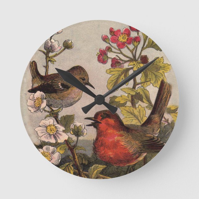 Spring Robin Birds Red Birding Round Clock (Front)