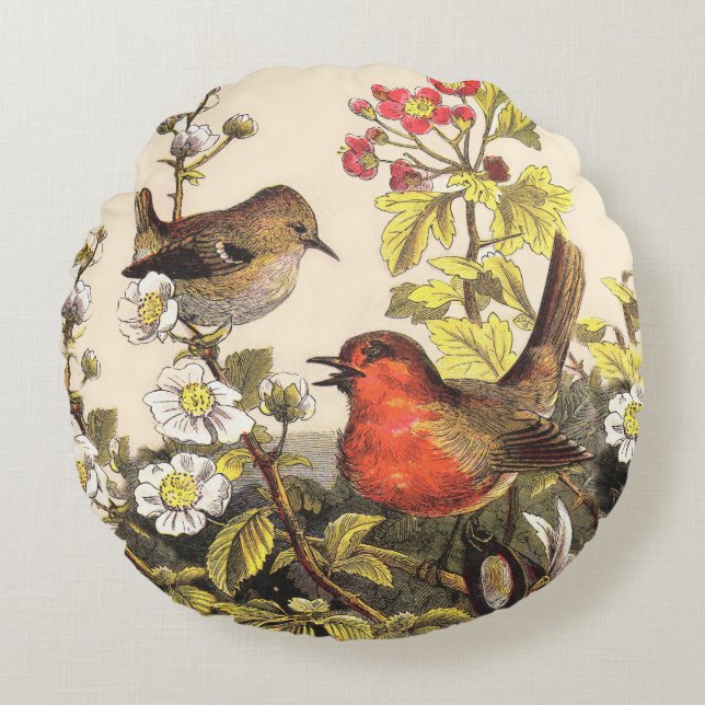 Spring Robin Birds Red Birding Round Pillow (Front)