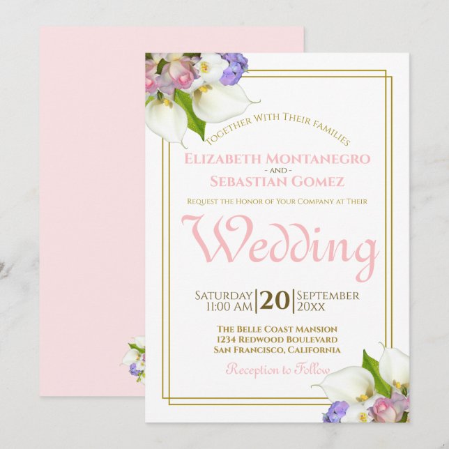 Spring Roses & Calla Lilies Gold and Pink Wedding Invitation (Front/Back)