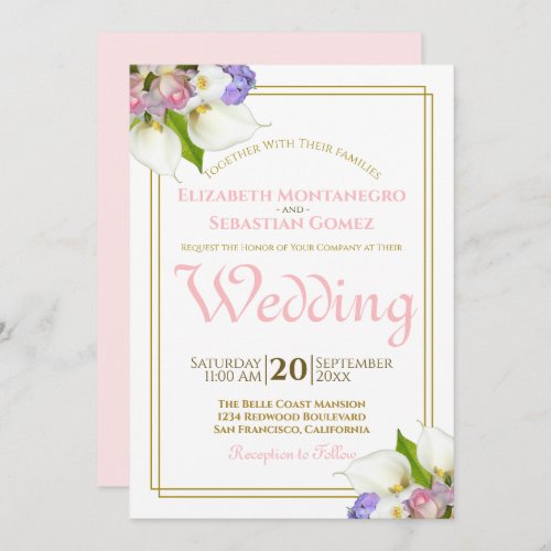 Spring Roses  Calla Lilies Gold and Pink Wedding Invitation