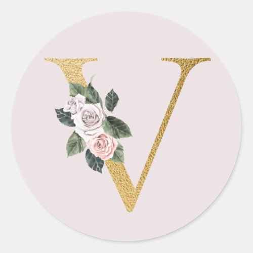 Spring roses gold initials sticker letter V