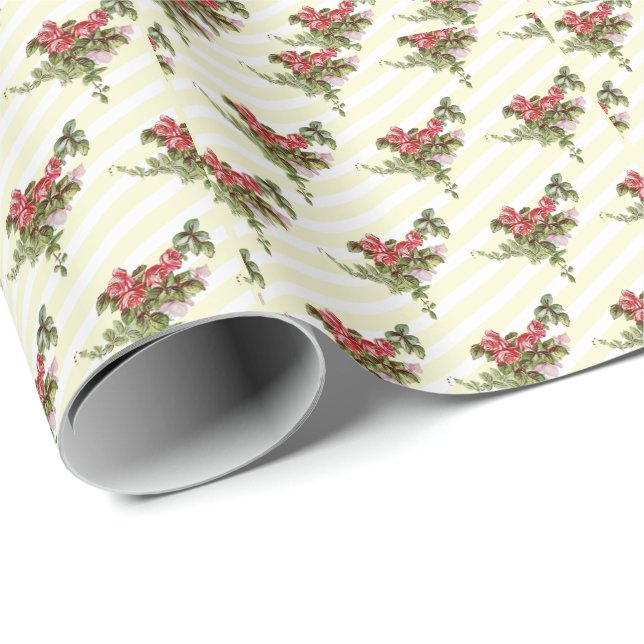 Spring Roses on Yellow Stripes Wrapping Paper (Roll Corner)