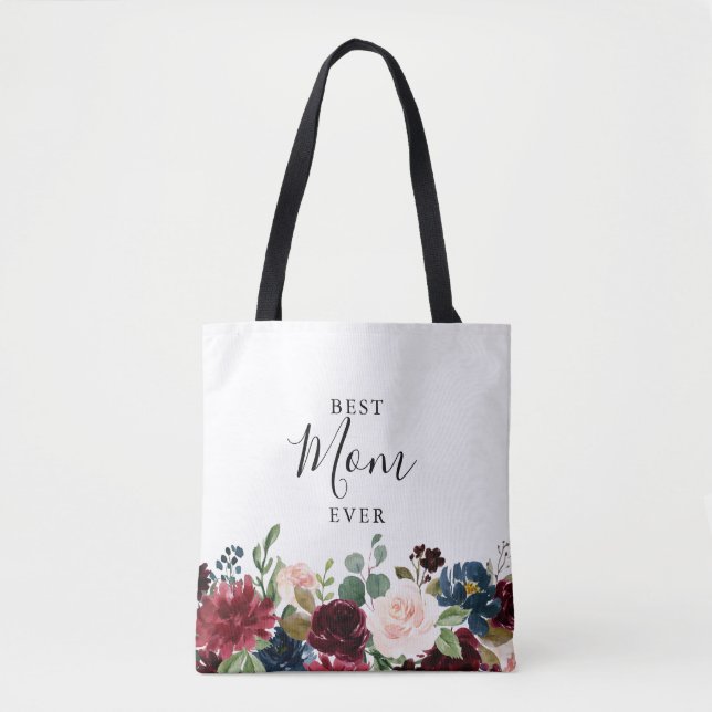 Spring Rustic Burgundy Calligraphy Best Mom Ever  Tote Bag (Front)