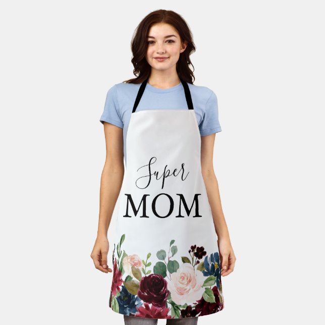 Spring Rustic Burgundy Calligraphy Super Mom  Apron (Worn)