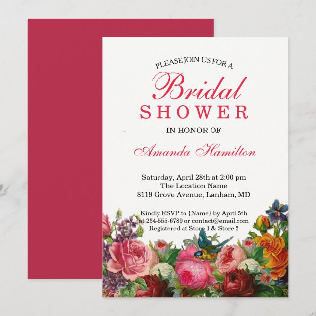 Spring rustic Floral pink BIRD Bridal Shower Invitation (Front/Back)