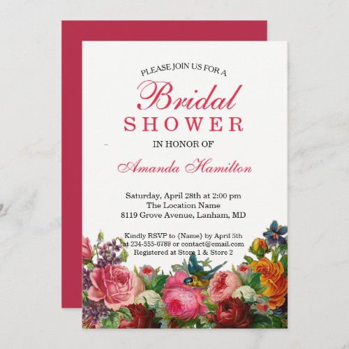 Spring rustic Floral pink BIRD Bridal Shower Invitation