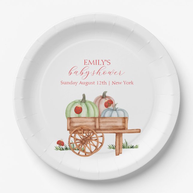 Spring Rustic Modern Pumpkin Labybug Baby Shower Paper Plates (Front)