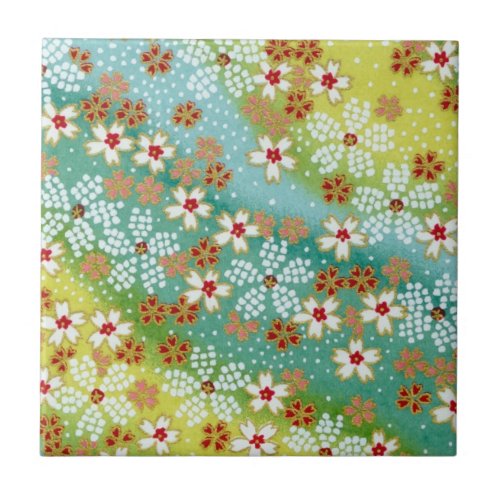 Spring Sakura Cherry Blossom Blue Yellow Origami Ceramic Tile