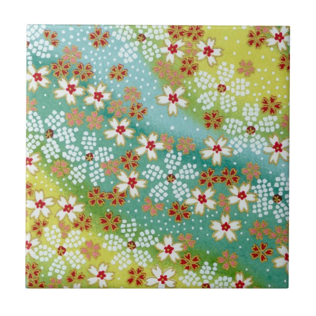 Spring Sakura Cherry Blossom Blue Yellow Origami Ceramic Tile (Front)