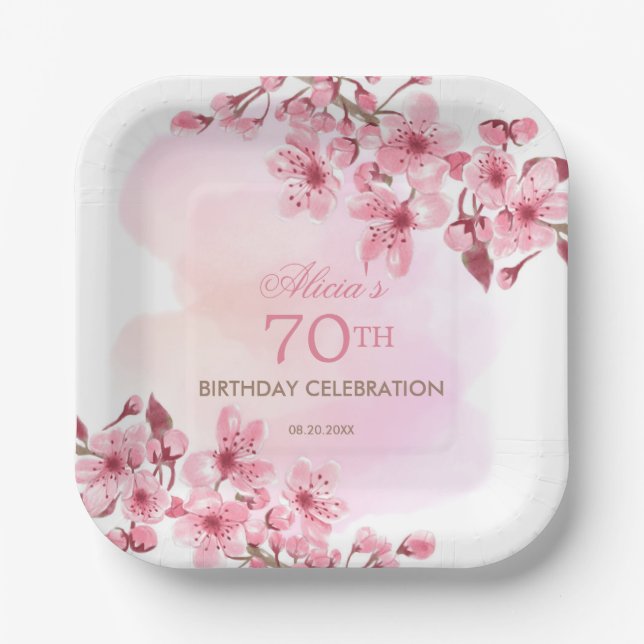 Spring Sakura Cherry Blossom Pink Cream Birthday Paper Plates (Front)