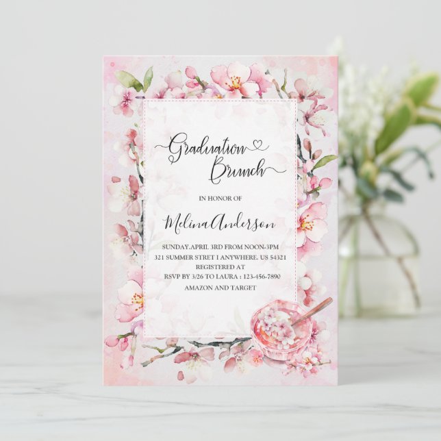 Spring Sakura Flowesr and Dessert   watercolor gra Invitation (Standing Front)