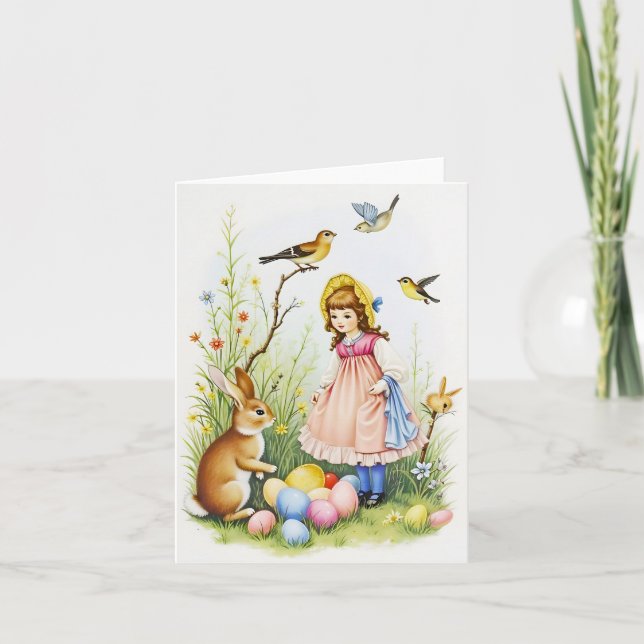 Spring Scene with Girl, Rabbit and Easter Eggs Card (Front)