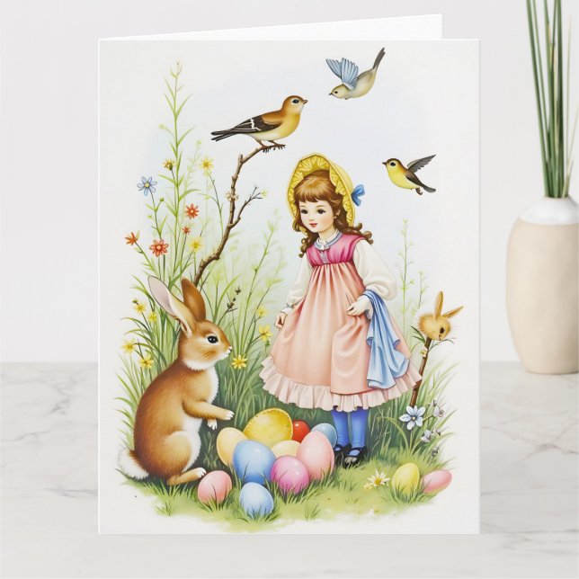 Spring Scene with Girl, Rabbit and Easter Eggs Card (Front)