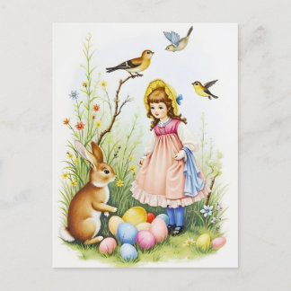 Spring Scene with Girl, Rabbit and Easter Eggs Holiday Postcard