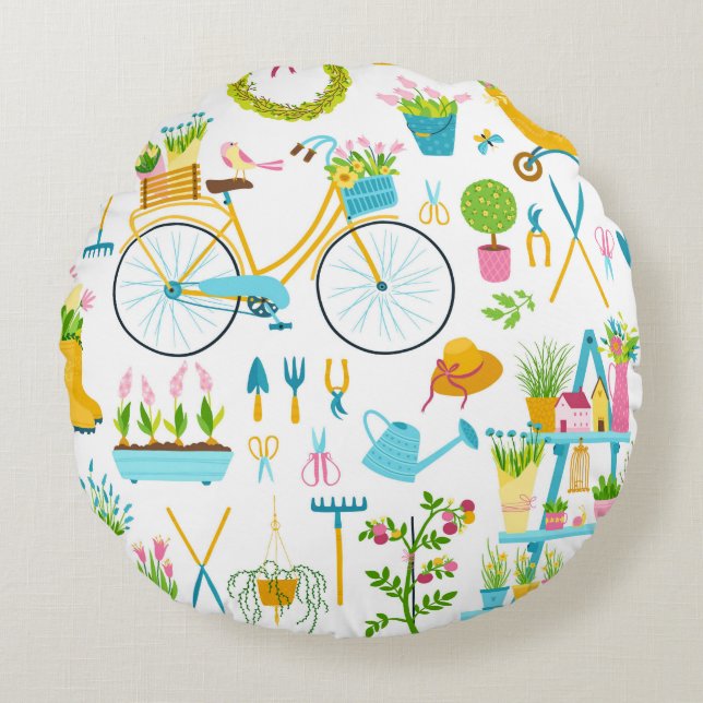 Spring seamless pattern in simple hand-drawn carto round pillow (Front)