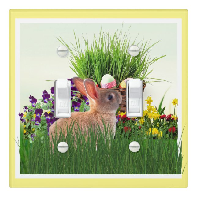 Spring Season Easter Bunny in Garden Double Light Switch Cover (In Situ)