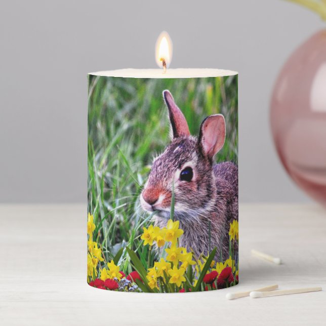 Spring Season Rabbit and Daffodils Flowers Easter  Pillar Candle (In Situ)