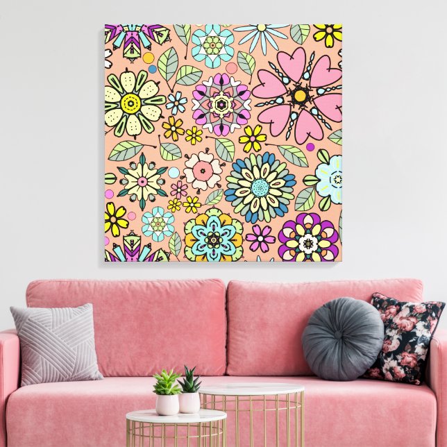Spring Season Retro Flower Colors Seamless Pattern Canvas Print (Insitu(LivingRoom))