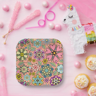 Spring Season Retro Flower Colors Seamless Pattern Paper Plates