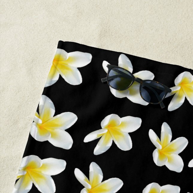 Spring Serenade: Yellow Frangipanis On Black, Beach Towel (In Situ)