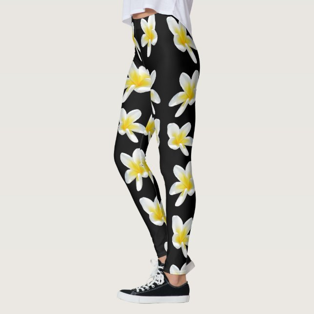 Spring Serenade: Yellow Frangipanis On Black, Leggings (Left)