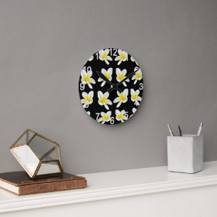 Spring Serenade: Yellow Frangipanis On Black, Round Clock