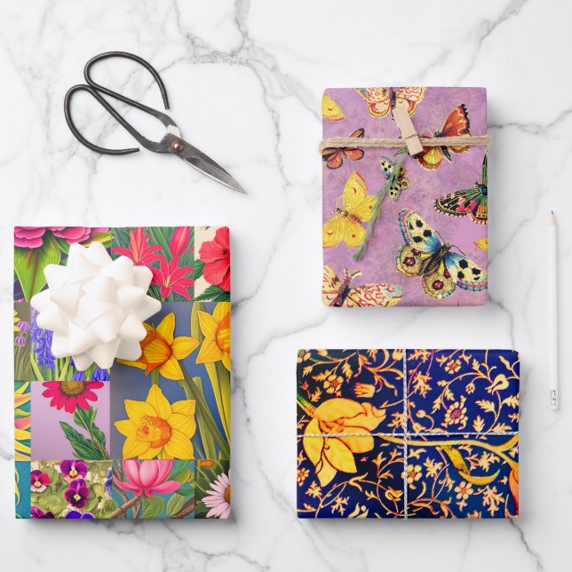 Spring Set, Butterflies, Emilia Floral Wrapping Paper Sheets (Front)