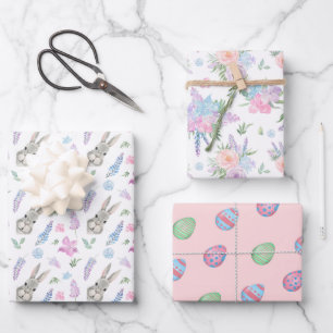 Spring Set Easter Bunnies, Flowers & Eggs Wrapping Paper Sheets