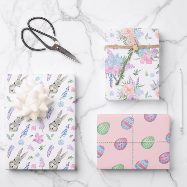 Spring Set Easter Bunnies, Flowers & Eggs Wrapping Paper Sheets (Front)