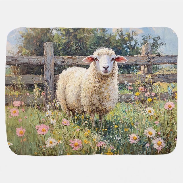 Spring Sheep with Wildflowers Painting Baby Blanket (Horizontal)